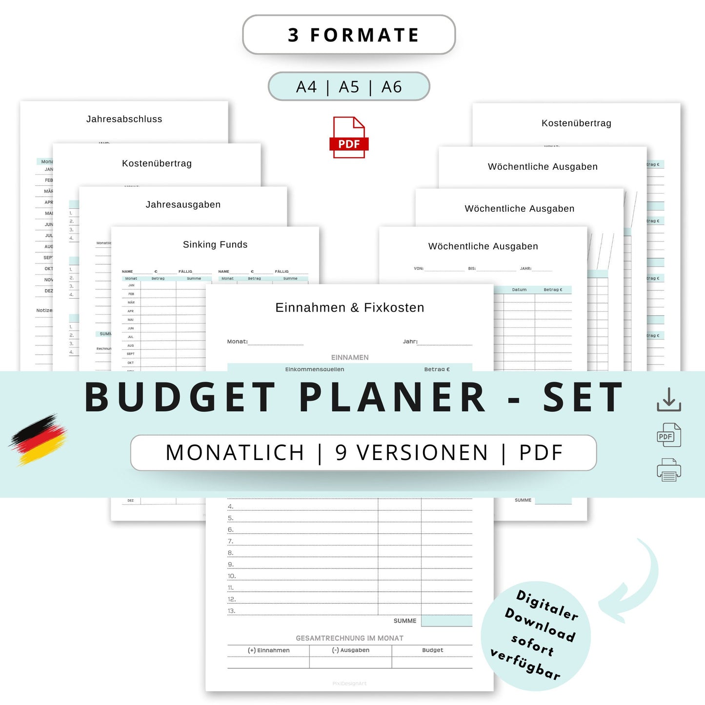 Budget Planer- SET 9 Varianten, blau minimal