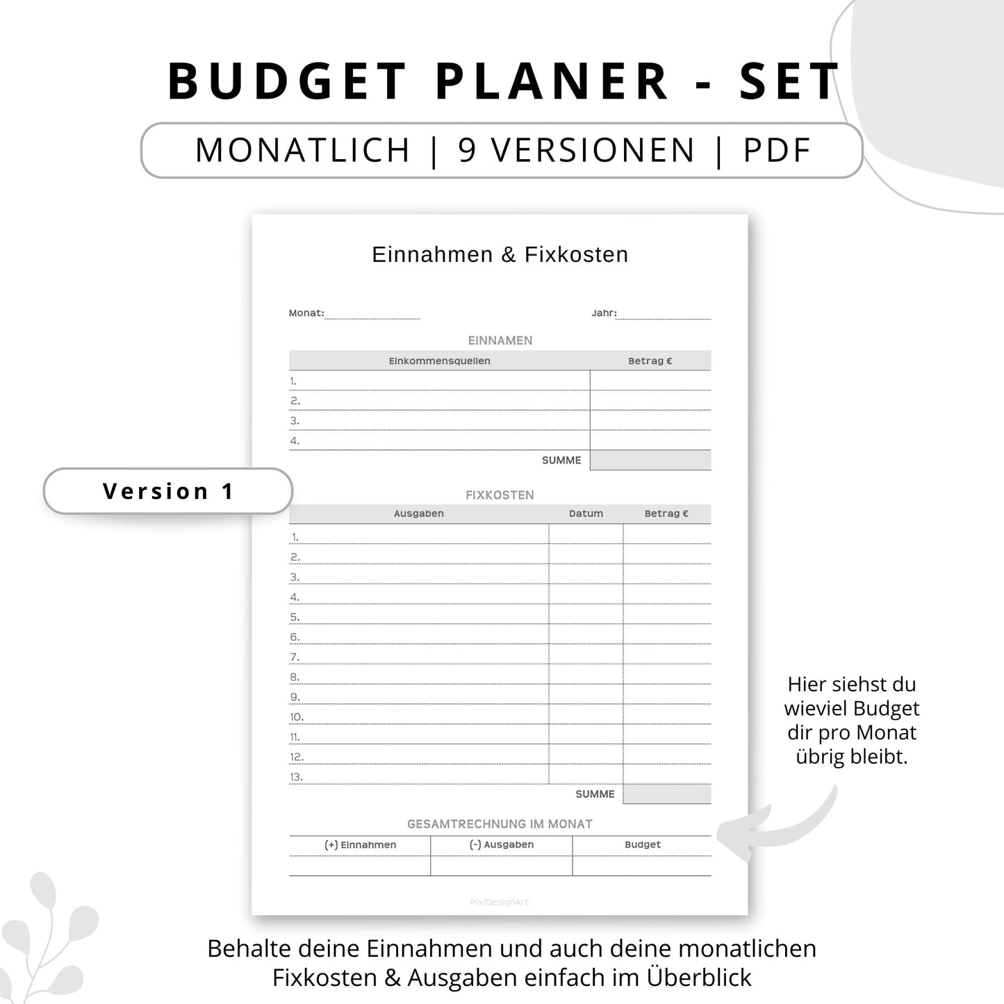 Budget Planer- SET 9 Varianten, grau minimal