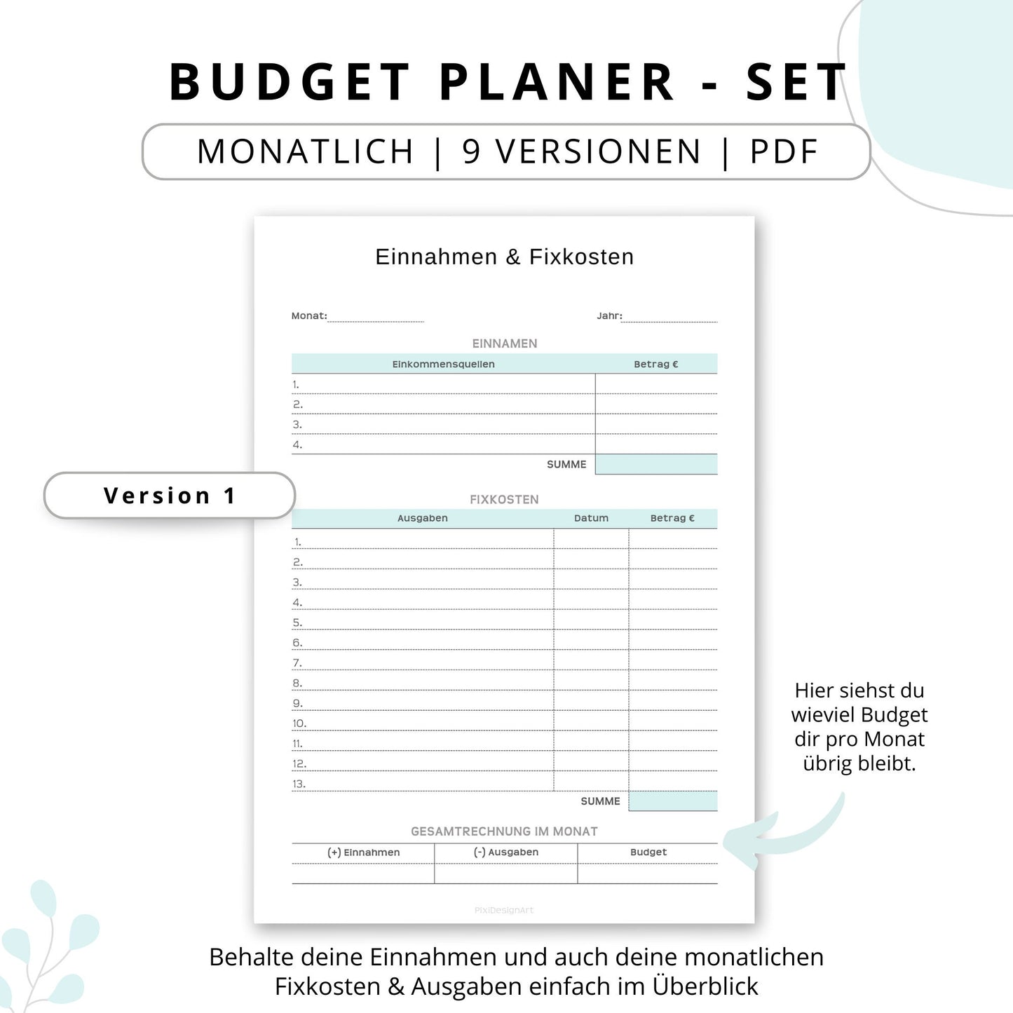 Budget Planer- SET 9 Varianten, blau minimal