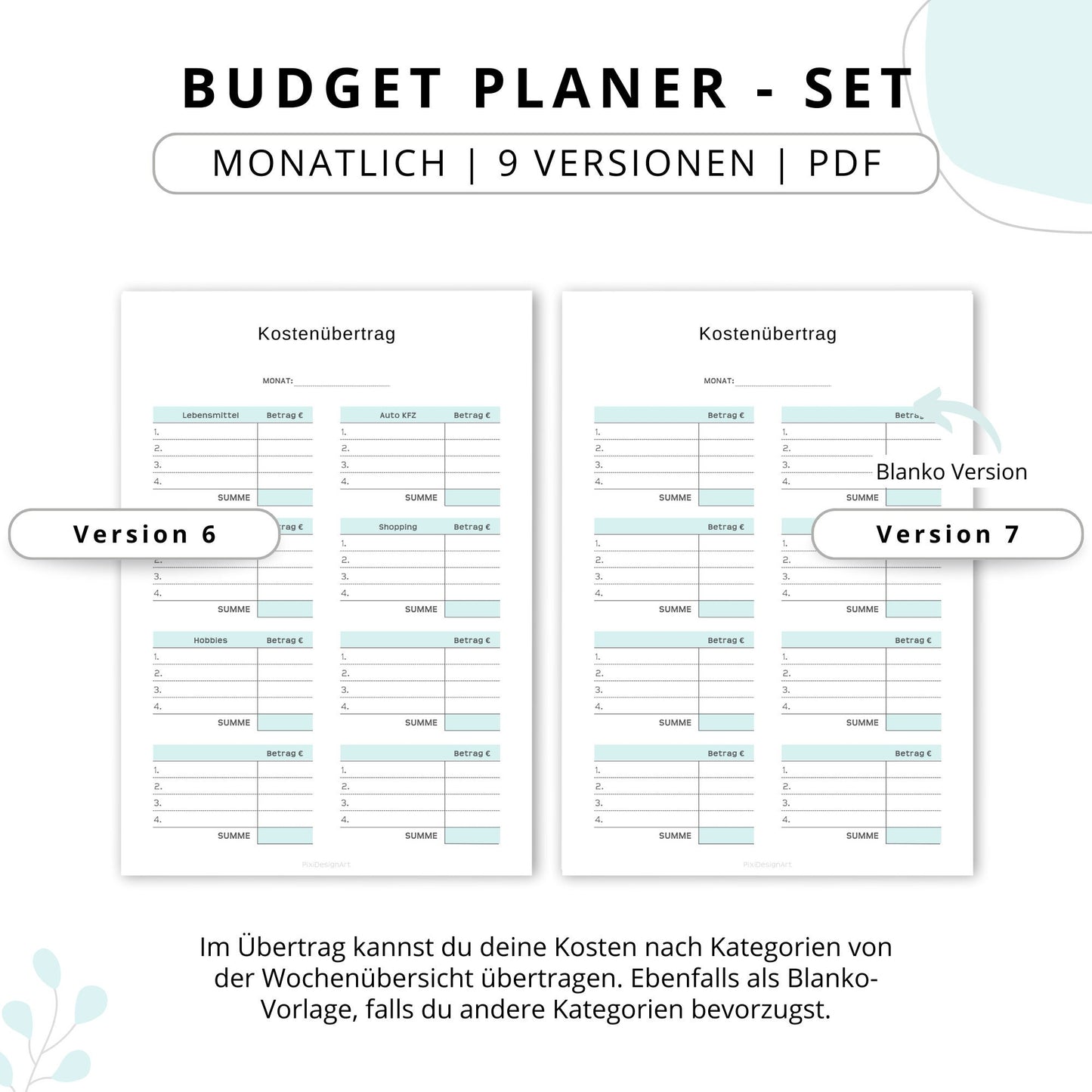 Budget Planer- SET 9 Varianten, blau minimal