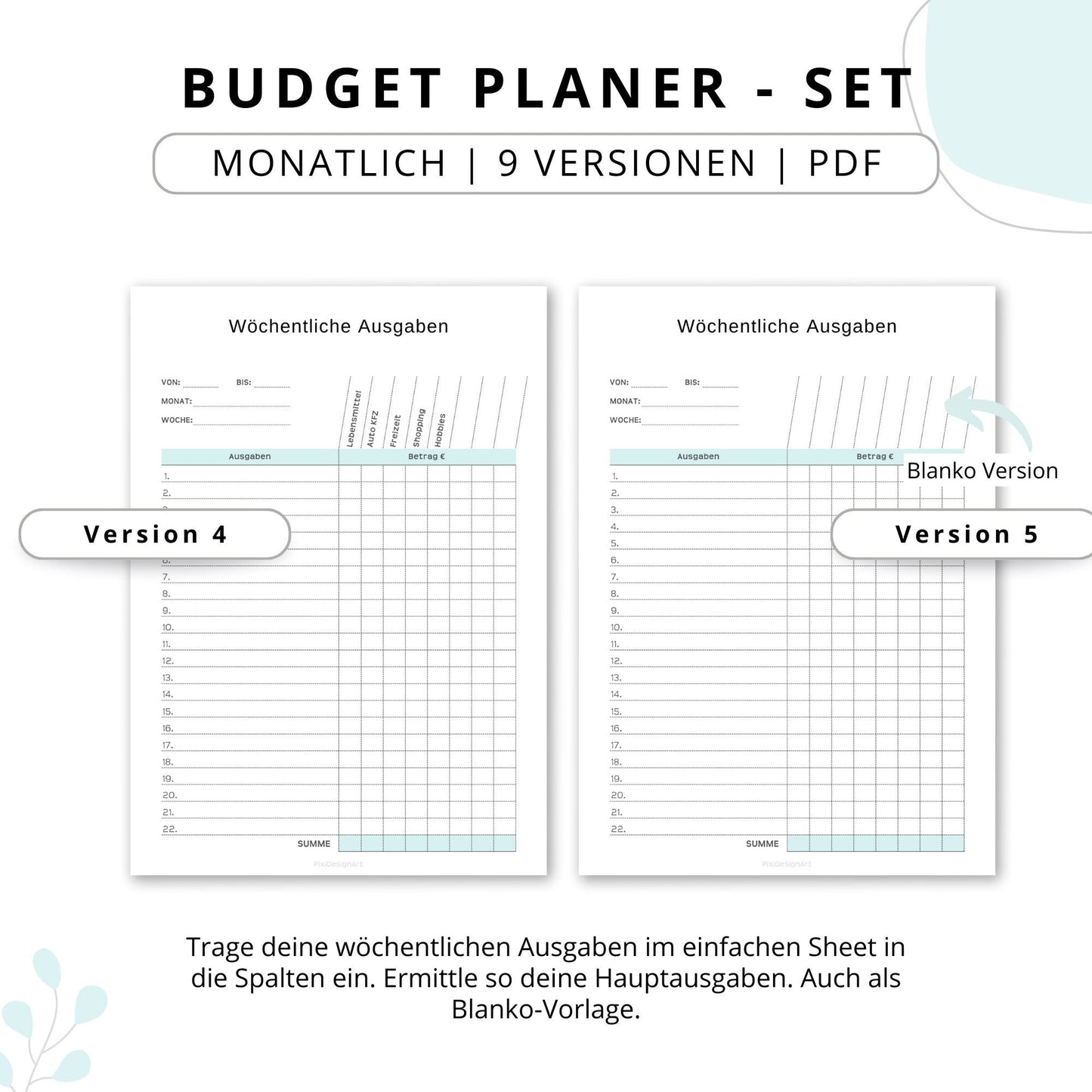 Budget Planer- SET 9 Varianten, blau minimal