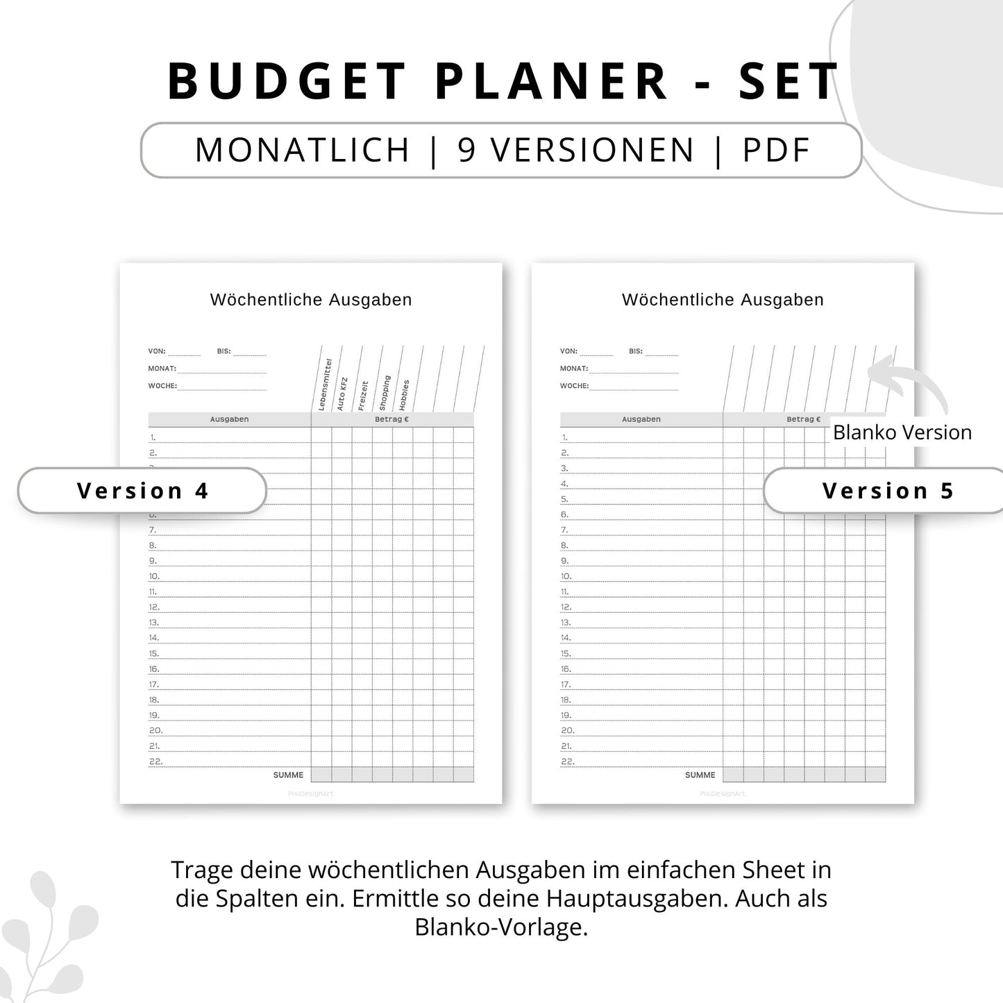 Budget Planer- SET 9 Varianten, grau minimal