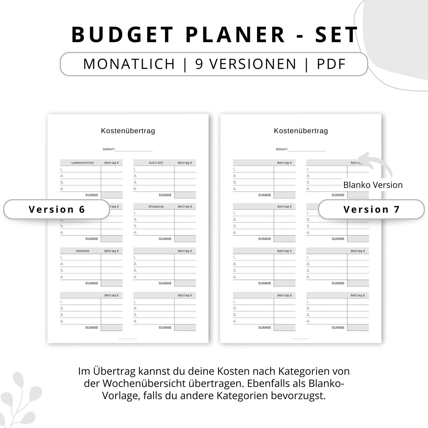 Budget Planer- SET 9 Varianten, grau minimal